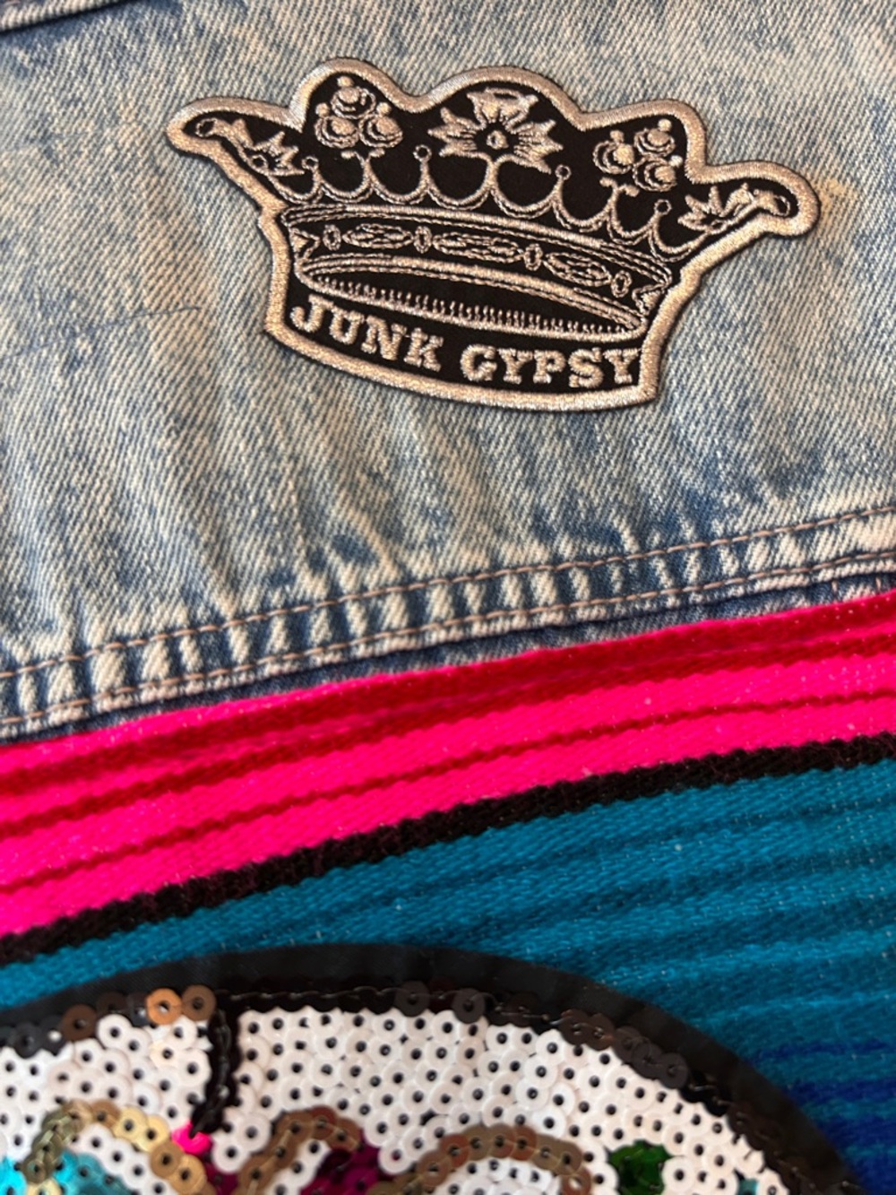 Old Navy Light Wash Denim Jacket with Colorful Embroidery sequin skull - Picture 6 of 8